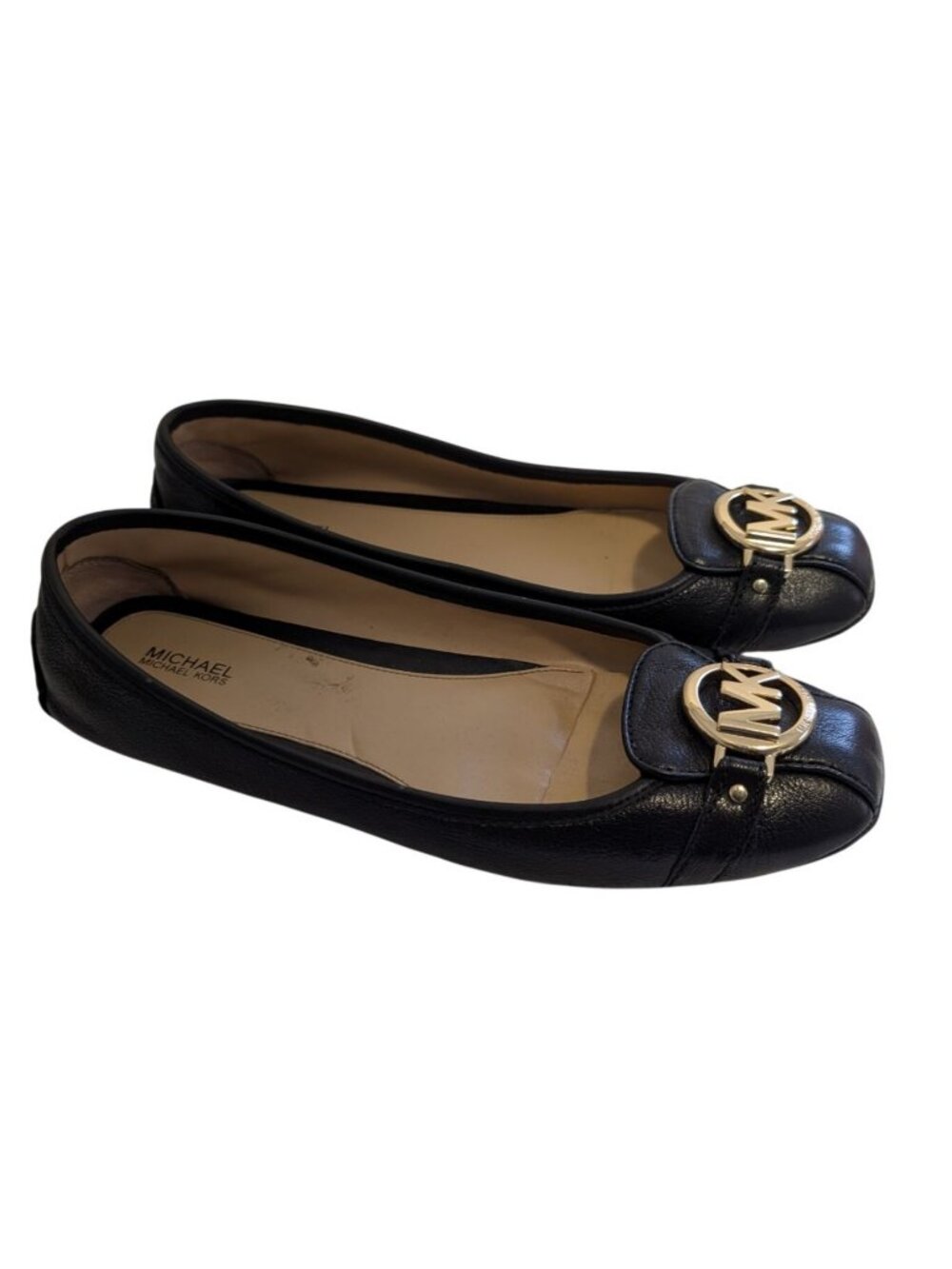 Michael Kors Fulton Black Leather Moc Flats Gold MK Logo Hardware Womens Size 10